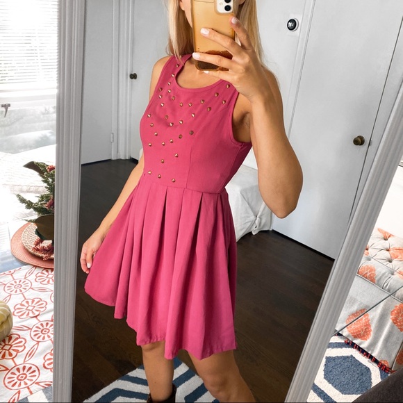 🍷 MISSGUIDED RASPBERRY RED STUDDED A-LINE DRESS! - Picture 2 of 10